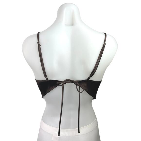 Rebel Flow Women's Brown Satin V Neck Spaghetti Strap Tie Hanky Cami Crop Top M - Picture 2 of 4